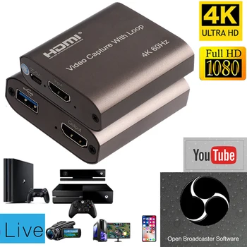 4K 60hz Loop Out HDMI Карта захвата Аудио Видео Пластина для записи в прямом эфире USB 2.0 3.0 1080p Граббер для игровой DVD-камеры PS4