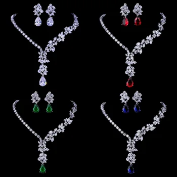 AMC Роскошное Ожерелье с подвеской в виде Хрустального Цветка и набор сережек AAA с кубическим Цирконием, Свадебный Красно-зеленый ювелирный набор для женщин в подарок