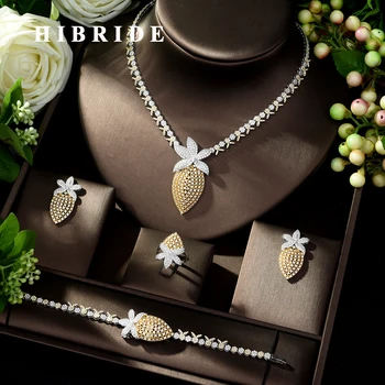 HIBRIDE, Классическое Модное ожерелье, Серьги, Ювелирный набор AAA + Цирконий, Дубай, 4 шт., Свадебный комплект украшений на годовщину N-1021