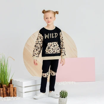 PatPat новое прибытие осень и зима стильные письмо Леопард передний карман, толстовка и брюки комплект для девочек для детей наборы