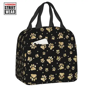 Блестящая Золотая Собачья лапа, изолированная сумка для ланча для любителей животных на открытом воздухе, Водонепроницаемый кулер, термальный ланч-бокс для женщин и детей