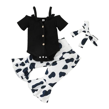 Весенняя одежда из 3 предметов для маленьких девочек, комбинезон с короткими рукавами и ремешками + расклешенные брюки с принтом коровы + повязка на голову