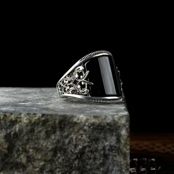Винтажные Позолоченные Геометрические кольца с черным камнем для мужчин, Индивидуальное Дизайнерское кольцо с резным цветком, Роскошные женские ювелирные изделия в стиле панк