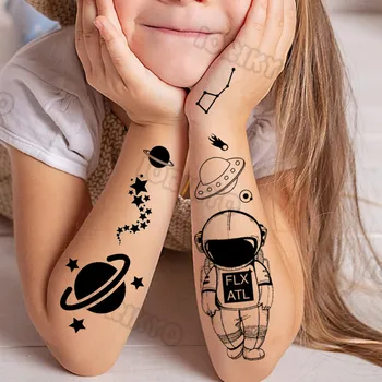 Временные татуировки космического астронавта для детей, мальчик, взрослая девочка, Черная наклейка с искусственной татуировкой на лице, Звезда, Галактика, сделай сам, Татуировки планет