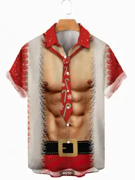 Гавайские мужские рубашки с рождественской тематикой, забавные рубашки для косплея Санта-Клауса, Пляжная одежда для вечеринок, короткие рукава, повседневная одежда на пуговицах