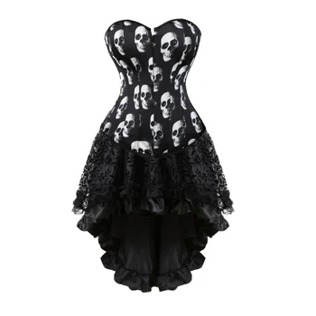 Готическое винтажное атласное Женское платье-корсет с открытой грудью, топ с изображением черепа и асимметричная кружевная юбка с цветочным рисунком, комплект больших размеров