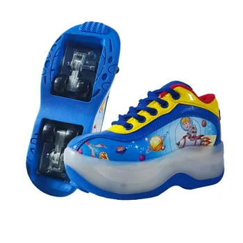 Детская обувь на четырех колесах с героями мультфильмов, Кроссовки из искусственной кожи для мальчиков и девочек, Модные Спортивные повседневные детские Роликовые коньки, Размер 28-36