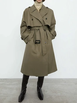 Женское двубортное длинное пальто-ветровка с поясами Для женщин, тонкая талия, отложной воротник, верхняя одежда средней длины, тренч
