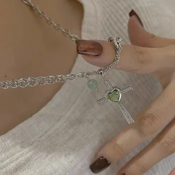 Зеленые ожерелья с подвеской в виде креста с кристаллами для женщин, корейское ожерелье с цепочкой из нержавеющей стали и циркония Y2k, украшения для шеи