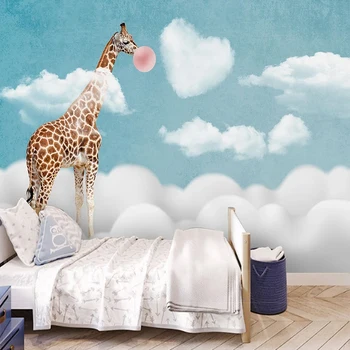 Изготовленная на заказ 3D современная минималистичная детская комната Небо Креативные облака Спальня с жирафом Мультяшные настенные обои для стен спальни Tapety