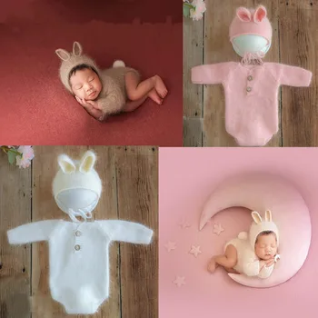 Комбинезон для новорожденных, Реквизит для фотосъемки новорожденных, Шерстяной вязаный комбинезон с кроликом, Шапка, Боди, Наряд для фотосъемки новорожденных