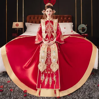 Костюмы жениха Xiuhe, роскошный свадебный костюм невесты Hanfu из Древнего Китая, красная вышивка, одежда для пары в восточном стиле, Vestido Chino