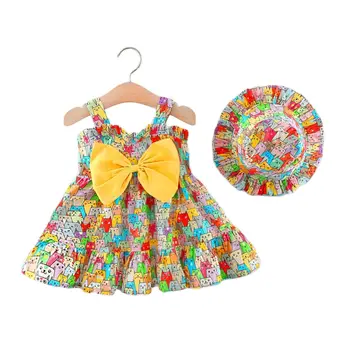 Летнее платье для маленьких девочек, комплект без рукавов с бантом + шляпа, детское платье-слинг из 2 предметов, модные пляжные платья принцессы для 1-3 лет