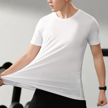 Летние Мужские топы с коротким рукавом, футболки с круглым вырезом, Простая однотонная футболка с рисунком, Мужские быстросохнущие Рубашки, облегающая верхняя одежда для мышц