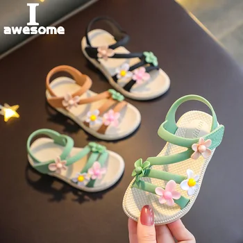 Летние Сандалии для маленьких девочек, Новинка 2022 года, Простые Милые Розово-зеленые детские сандалии с Цветочным Рисунком, мягкая повседневная школьная обувь для девочек