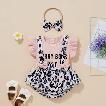 Летняя Одежда для малышей, леопардовый ремень для маленьких девочек, топы с летящим рукавом и буквенным принтом + Повязка на голову, Одежда для новорожденных девочек 0-24 м