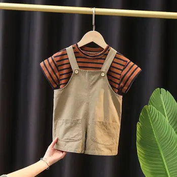 Летняя детская одежда 2023 года, Harajuku, Свободные бретельки, Модный тренд, Винтажный Повседневный пуловер в полоску с принтом, Комплекты из двух предметов
