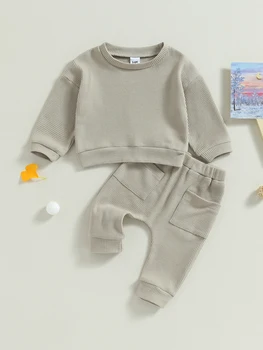 Милый и уютный зимний комплект одежды для малышей, однотонная толстовка с длинными рукавами, топы и брюки для мальчиков и девочек