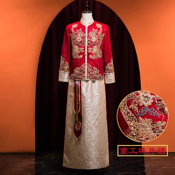 Мужская Одежда для тостов, Свадебное платье с вышивкой дракона в Китайском стиле, Костюм Жениха Тан, Халат, Старинное Вечернее платье Для жениха