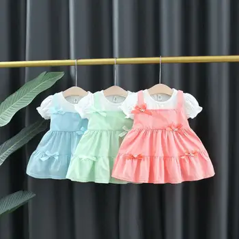 Новая летняя одежда для малышей, детское платье с короткими рукавами для маленьких девочек, имитирующее повседневное платье принцессы из двух предметов для маленьких девочек от 1 до 4 лет