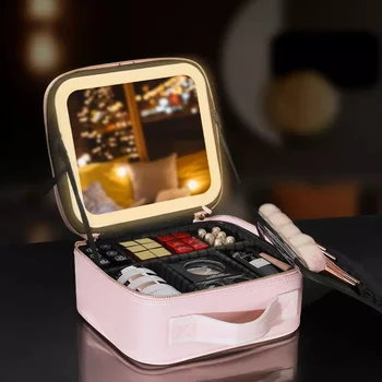 Новая светодиодная лампа, профессиональная косметичка с зеркальным переключателем, Косметичка большой емкости, кисточка для макияжа, косметический чемодан для хранения