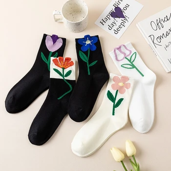 Новые носки с 3D цветочным тюльпаном, осенне-зимние Модные женские носки, хлопковые носки для корейских девочек, Креативные милые повседневные носки для леди