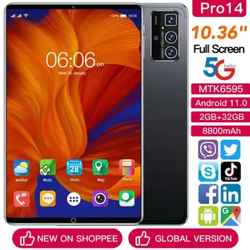 Новый планшет 10,36 Дюймов Pro14 Сетевой Android 11,0 Планшет 2 ГБ ОЗУ 32 ГБ ПЗУ MTK6592 Wifi Планшет 8800 мАч 8-ядерный Планшетный ПК