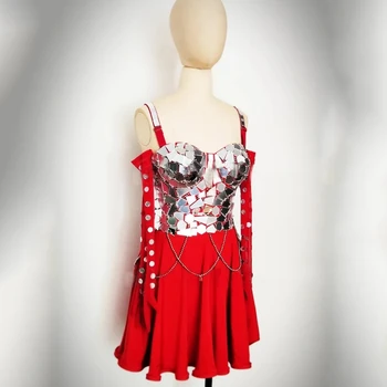 Отражающий Зеркальный танцевальный костюм Красное короткое платье с пайетками и перчатки Для джазовых латиноамериканских Танцев Одежда для выступлений на сцене Фестивальные наряды