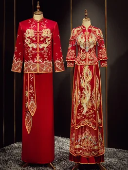 Пара Вышитых Драконом и Фениксом китайских традиционных свадебных костюмов XiuHe, Женские Классические Вечерние платья для невесты Cheongsam