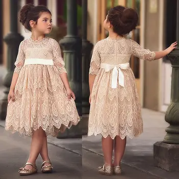 Платье принцессы с вышивкой для девочек, осенне-весенняя детская одежда, Детское Элегантное кружевное платье с цветочным узором цвета Шампанского для девочек от 3 до 8 лет