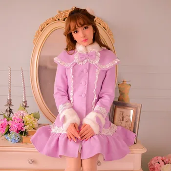 Принцесса сладкая лолита, пальто, леденцовый дождь, новый японский стиль, зимняя теплая Милая шаль с бантом, фиолетовое шерстяное пальто C15CD7353