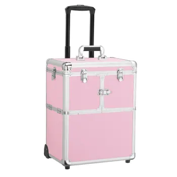 Профессиональная косметичка на колесиках с замком для макияжа, розовая