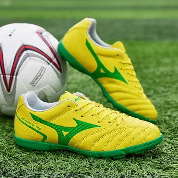 Профессиональные брендовые желтые футбольные бутсы из кожи на шнуровке, мужские дышащие нескользящие футбольные тренировочные бутсы TF Futsal Shoes Man