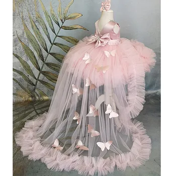 Пышное платье для девочек, Розовое детское платье со шлейфом, платье в цветочек для девочек, Бант, Платья для милых Малышей на День рождения, Первое Причастие
