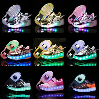Светящиеся кроссовки на двух колесах, Голубая, Розовая, светодиодная обувь для роликовых коньков для детей, Детская светодиодная обувь для мальчиков и девочек, обувь с подсветкой 28-42