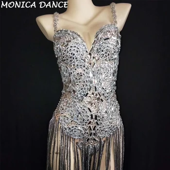 Сексуальное Сценическое Боди с блестящими серебряными кристаллами, Прозрачное Сетчатое платье для празднования Дня рождения, костюм для вечеринки, Танцевальный костюм для Певицы
