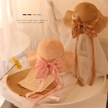 Солнцезащитная шляпа для девочек одного размера, соломенная кепка с широкими полями, бант с лентой и жемчугом, милая солнцезащитная шляпа для пляжной уличной вечеринки